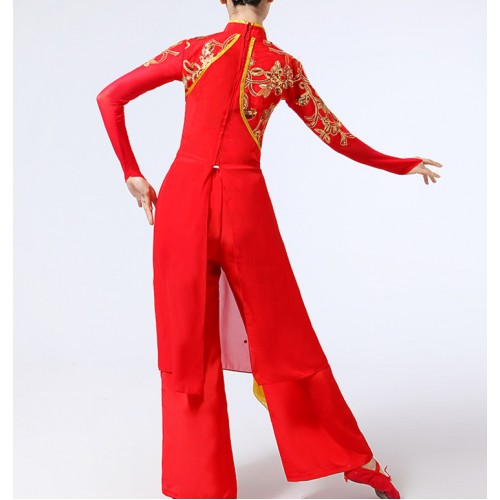 Women's chinese folk dance costumes female red dragon ancient classical  traditional film cosplay yangko fan dance dresses 